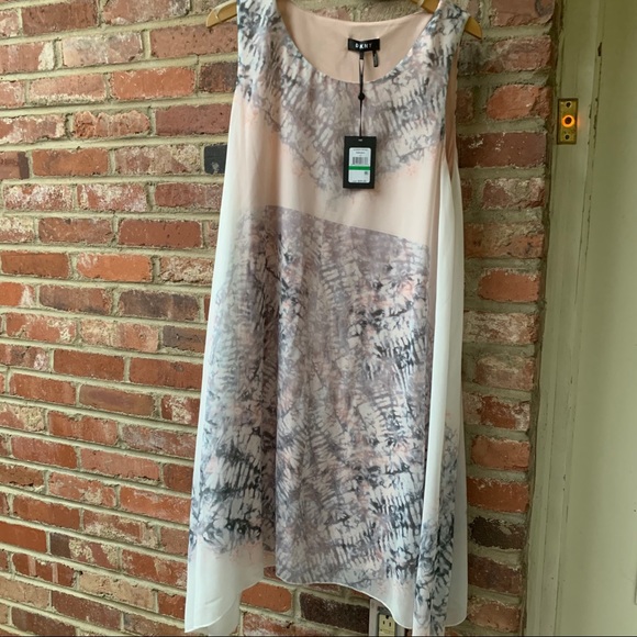 Elegant DKNY Cream Peach Grey Large Dress. Soft flowing. Asymmetrical hem. NWT. - Picture 1 of 7